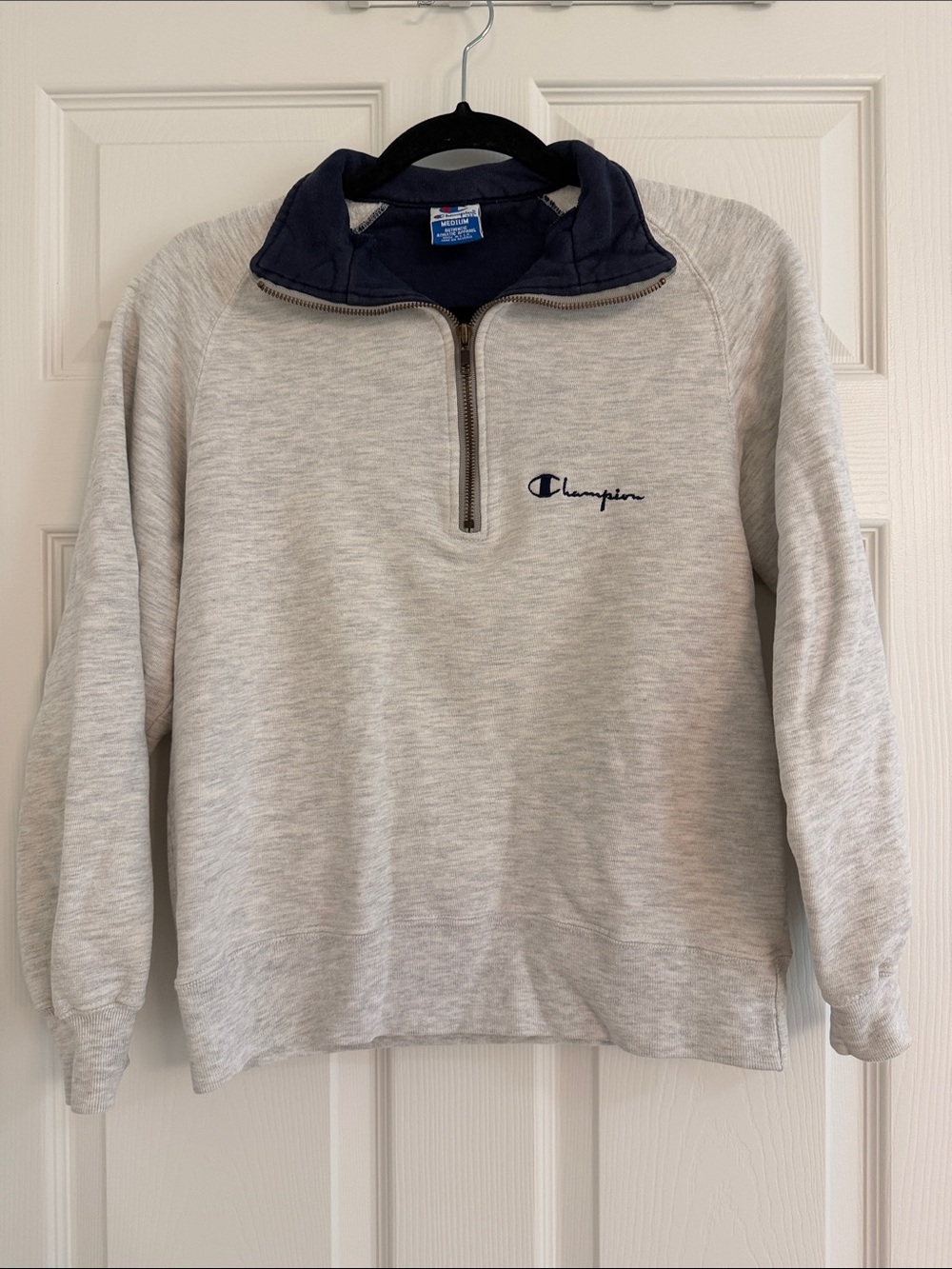 Champion | Vintage Light Gray Quarter-Zip with Navy Collar